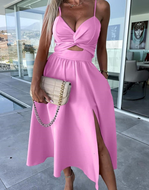 Load image into Gallery viewer, Barbie Pink Chic: Embrace Luxury with our Kinked Slit Midi Dress!
