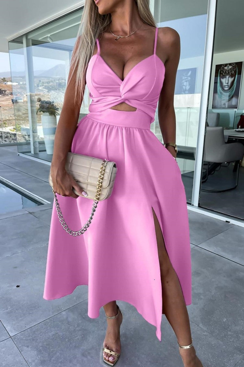 Barbie Pink Chic: Embrace Luxury with our Kinked Slit Midi Dress!