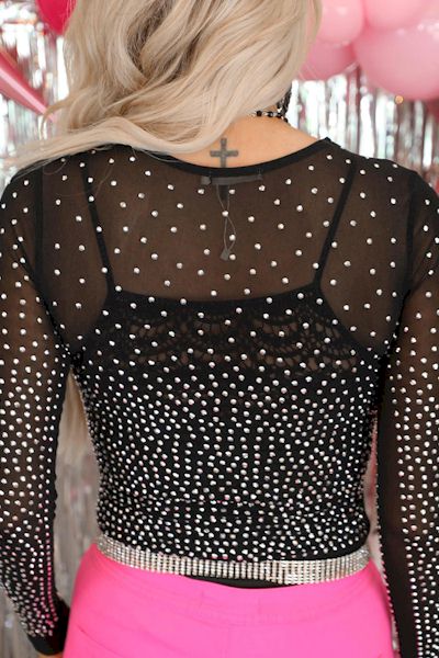 Black Rhinestone Embellished Mesh Bodysuit