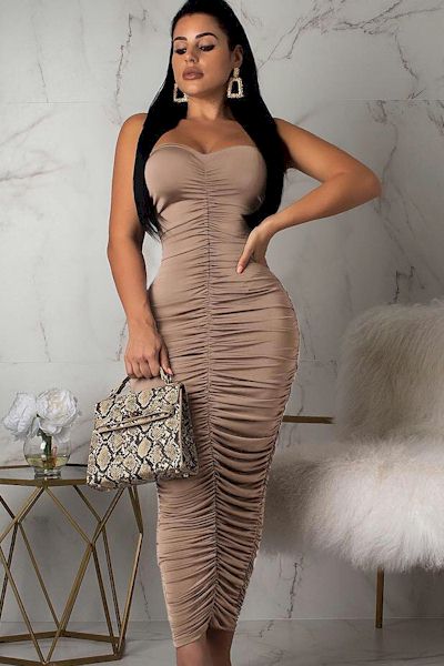 Load image into Gallery viewer, Sensual Brown Maxi Dress with Knit Shirring Tube Design for a Body-Hugging Look
