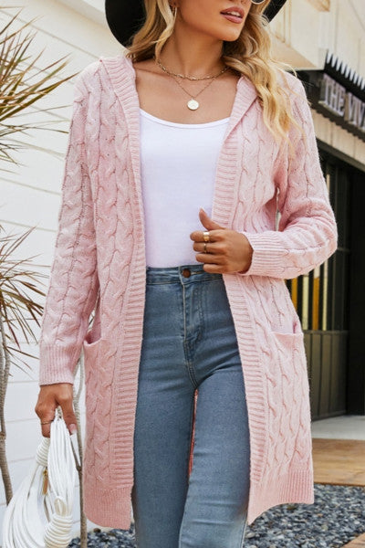 Chic Comfort: Hooded Knee-Length Knit Sweater Cardigan