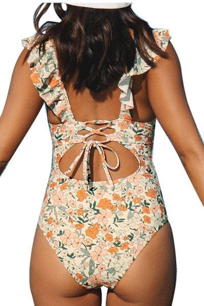 Chic Floral Print Deep V Ruffle Backless Swimsuit