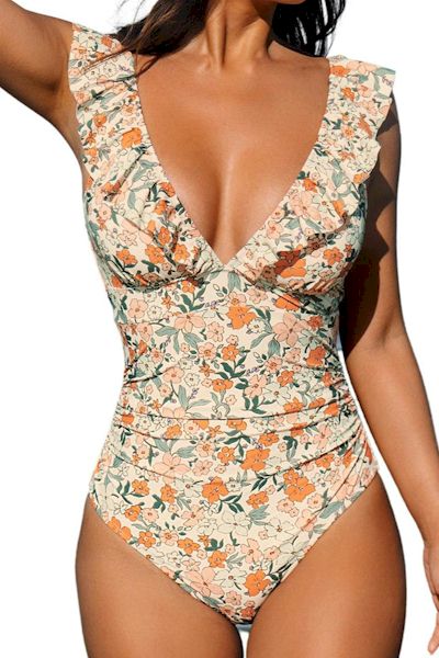 Load image into Gallery viewer, Chic Floral Print Deep V Ruffle Backless Swimsuit
