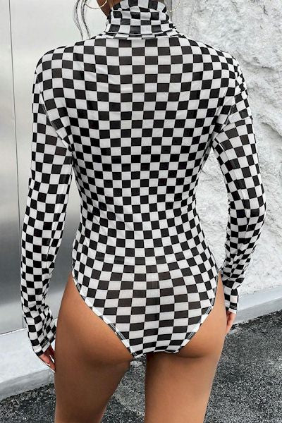 Cozy Elegance Checkered High-Neck Bodysuit