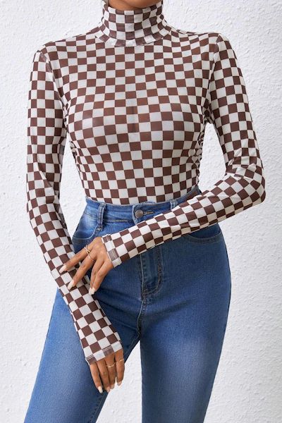 Load image into Gallery viewer, Cozy Elegance Checkered High-Neck Bodysuit
