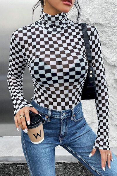 Cozy Elegance Checkered High-Neck Bodysuit