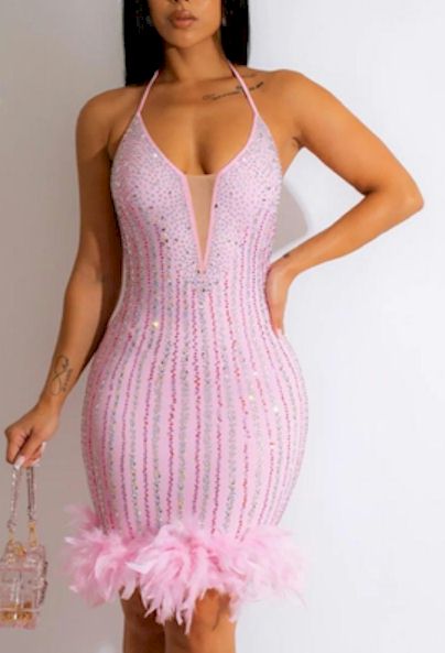 Load image into Gallery viewer, Slight Stretch Rhinestone Pink Mini Dress
