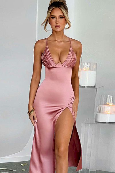 Load image into Gallery viewer, Stunning Pink Midi Dress with Figure-Hugging Stretch Fabric
