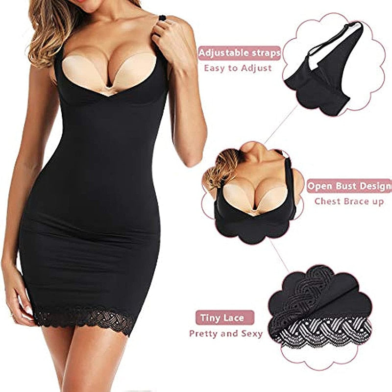 Women&#39;s Full Slip Shapewear Dress Bodysuits Lingerie with Lace Firm Control Open Bust Waist Cinchers Body Shaper Dresses