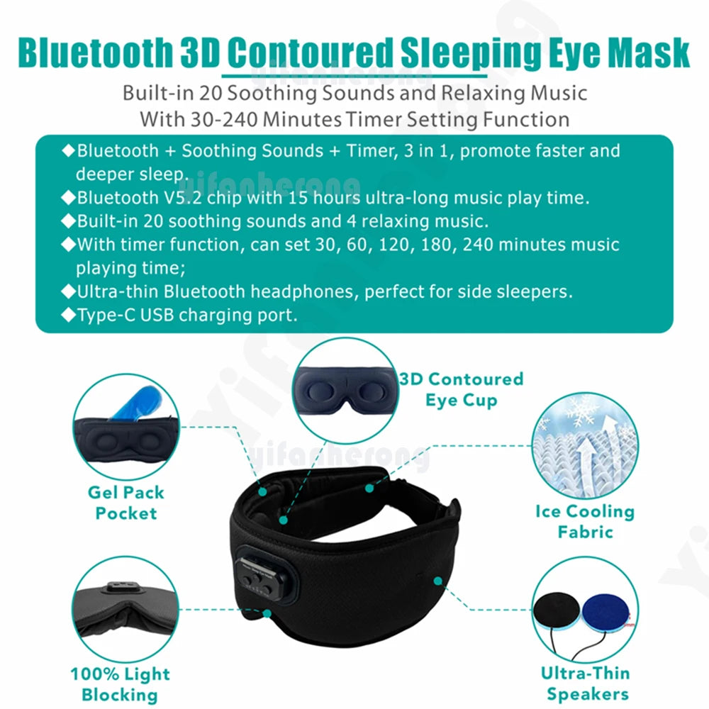 3D Bluetooth Sleep Eye Mask Sleep Aid with Built-in Earphones – White Noise & Soothing Music