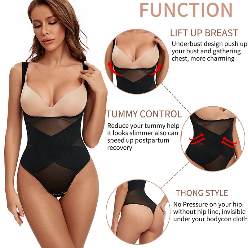 Mesh Thongs Bodysuit Shapewear Women Seamless Full Body Shaper Waist Slim Tummy Control Underwear Flat Belly Underbust Corset