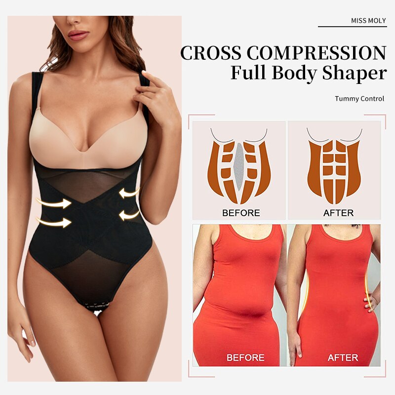 Mesh Thongs Bodysuit Shapewear Women Seamless Full Body Shaper Waist Slim Tummy Control Underwear Flat Belly Underbust Corset