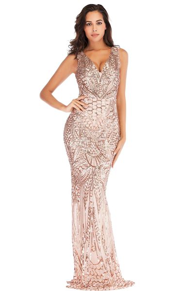 Sexy Deep V-Neck Embroidered Slim Evening Gown