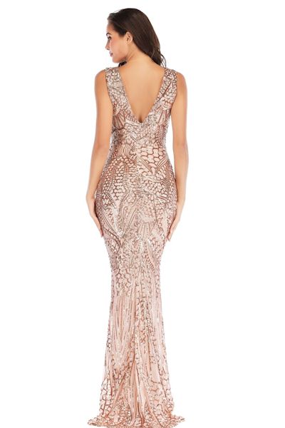 Sexy Deep V-Neck Embroidered Slim Evening Gown