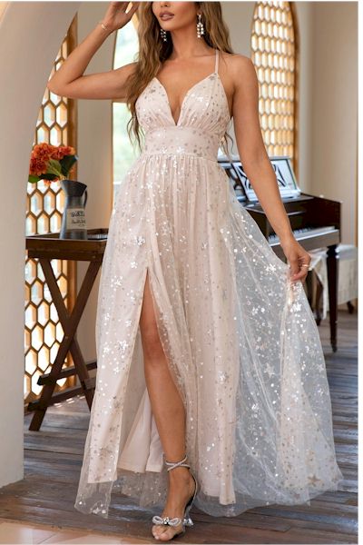 Sexy Mesh  Sequins Crossed Sling Backless Split Maxi Gown