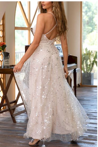 Sexy Mesh  Sequins Crossed Sling Backless Split Maxi Gown