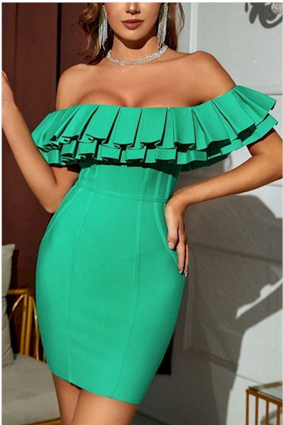 Load image into Gallery viewer, Sleek and Bold Green Layered Collar Mini Dress: Enhance Your Look and Exude Confidence
