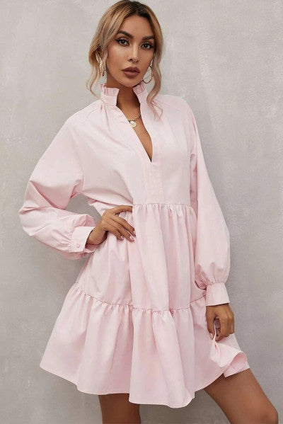 Vibrant Pink Frilled Stand Collar Long Sleeve Ruffle Dress