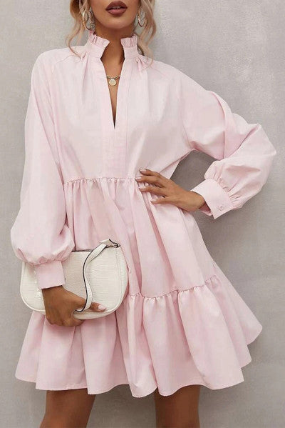 Vibrant Pink Frilled Stand Collar Long Sleeve Ruffle Dress