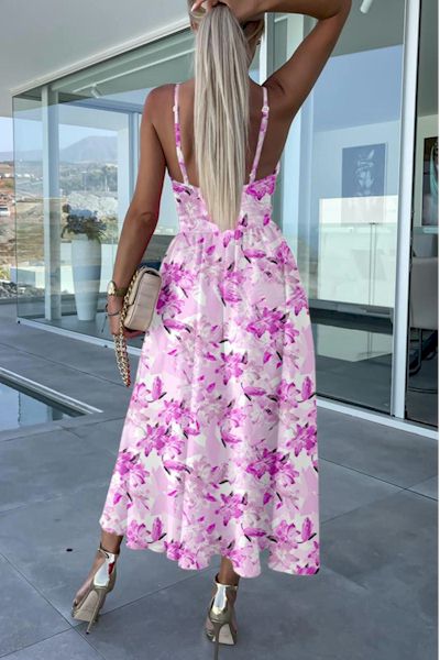 Breezy Romance: Embrace Elegance with our Lightweight Backless Floral Midi Dress!