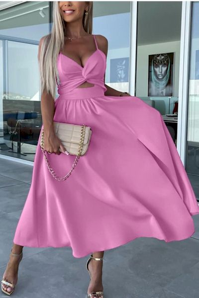 Load image into Gallery viewer, Barbie Pink Chic: Embrace Luxury with our Kinked Slit Midi Dress!
