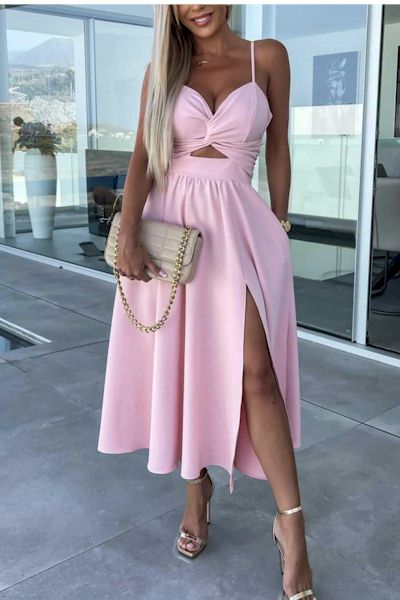 Barbie Pink Chic: Embrace Luxury with our Kinked Slit Midi Dress!