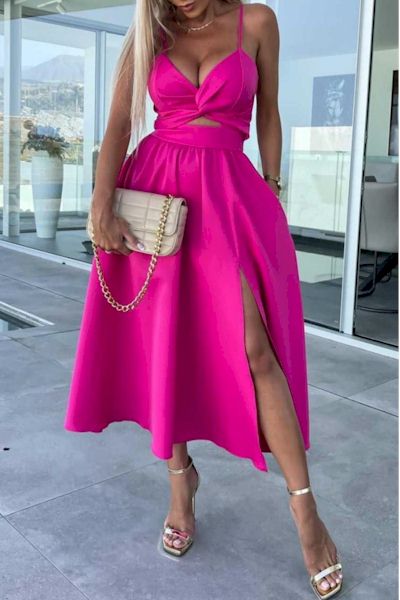 Load image into Gallery viewer, Barbie Pink Chic: Embrace Luxury with our Kinked Slit Midi Dress!
