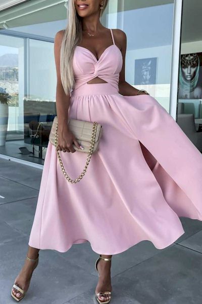 Load image into Gallery viewer, Barbie Pink Chic: Embrace Luxury with our Kinked Slit Midi Dress!
