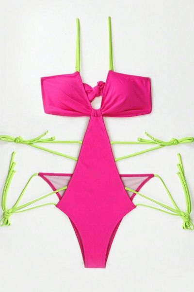 Load image into Gallery viewer, Make a Splash with this Pink and Green Sexy One-Piece Swimsuit
