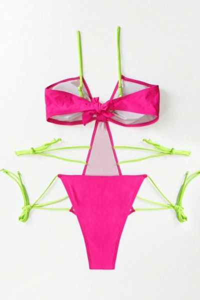 Load image into Gallery viewer, Make a Splash with this Pink and Green Sexy One-Piece Swimsuit
