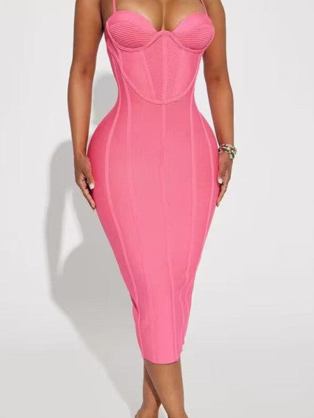 Load image into Gallery viewer, Barbie Pink Midi Dress with Slits and Metal Rhinestones: Dare to be Dazzling
