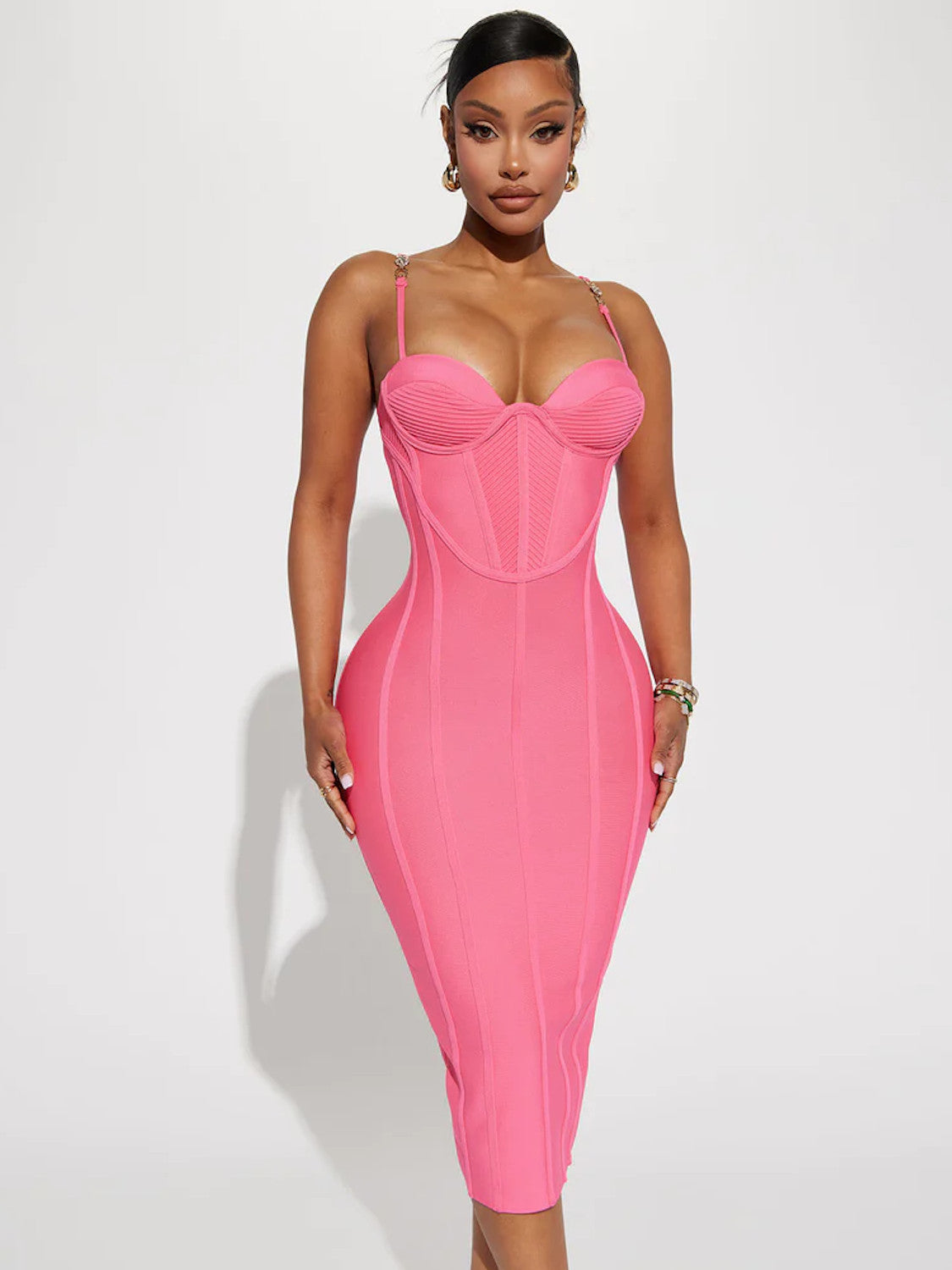 Barbie Pink Midi Dress with Slits and Metal Rhinestones: Dare to be Dazzling