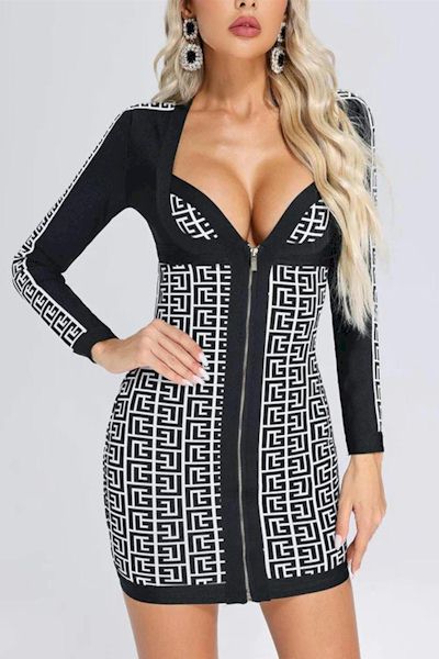 Sculpted Glamour: Slight Stretch Zip-Up Deep V Batch Print Mini Dress