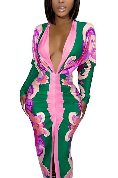 Load image into Gallery viewer, Elegance Redefined: Embrace Sophistication in our Pink and Green Print Midi Dress
