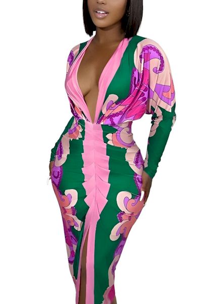 Load image into Gallery viewer, Elegance Redefined: Embrace Sophistication in our Pink and Green Print Midi Dress
