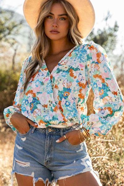 Load image into Gallery viewer, Sky Blue Floral Print Wrap Long Sleeve Bodysuit
