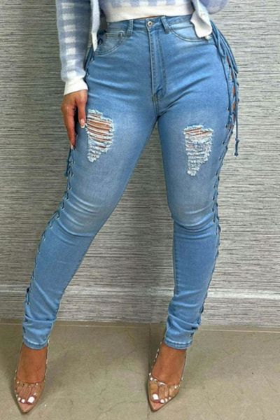 Stylish Slight Stretch High Waist Eyelet Lace-Up Hole Curvy Jeans Sizes S - 2XL