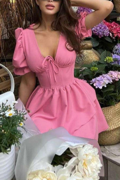 Load image into Gallery viewer, Stunning V-Neck Zip-Up Mini Pink Dress
