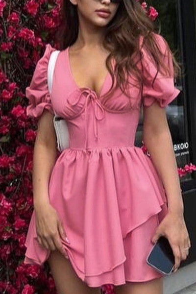 Load image into Gallery viewer, Stunning V-Neck Zip-Up Mini Pink Dress
