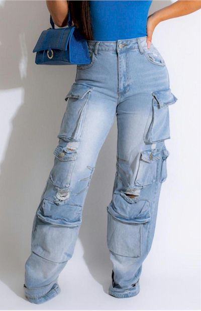 Load image into Gallery viewer, Confidence Meets Fashion: Non-Stretch Cargo Jeans in Sizes S - 2XL
