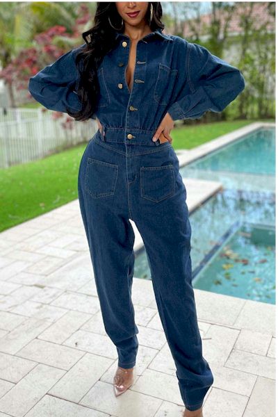 Denim Chic: Pure Color Single-Breasted Jumpsuit for Effortless Style