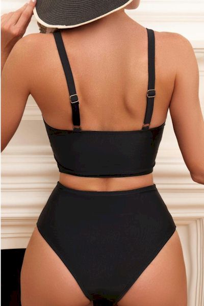 Sultry Black Padded High Waist Backless Tankini Set