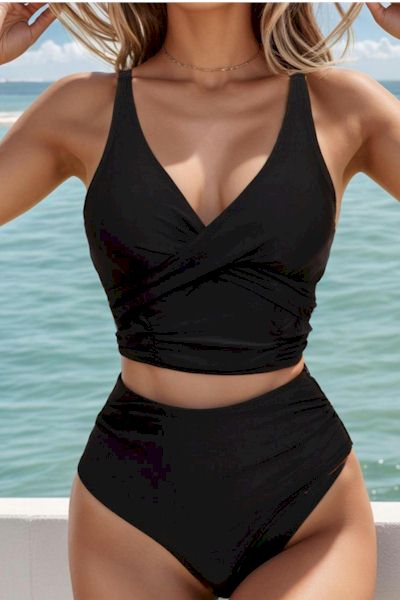 Sultry Black Padded High Waist Backless Tankini Set