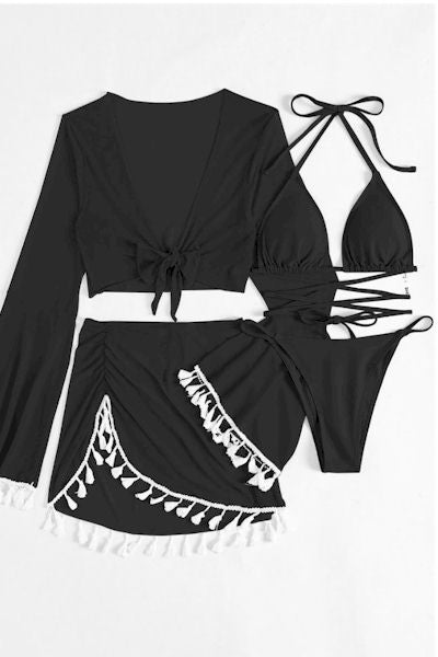 Load image into Gallery viewer, Tassel Padded Nalter-Neck Tied Sexy Four-Piece Swimwear
