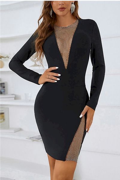 Seductive Elegance: Rhinestone Fishnet Mini Dress for a Mesmerizing Night Out