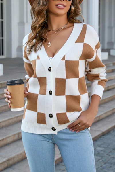 Load image into Gallery viewer, Elevate Your Everyday Style with the V-Neck Checkered Knitted Sweater
