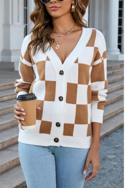 Elevate Your Everyday Style with the V-Neck Checkered Knitted Sweater