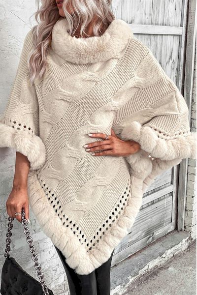 Load image into Gallery viewer, Year-Round Style: Slight Stretch Ribbed Knit Poncho with Luxe Collar
