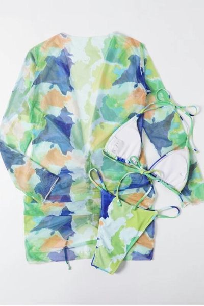 Tie Dye Halter-NeckPadded Drawstring Sexy Three-Piece Swimsuit