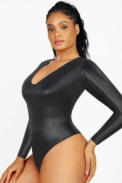 Load image into Gallery viewer, Effortless Elegance: Tightening Faux Leather Bodysuit for Fitness Enthusiasts
